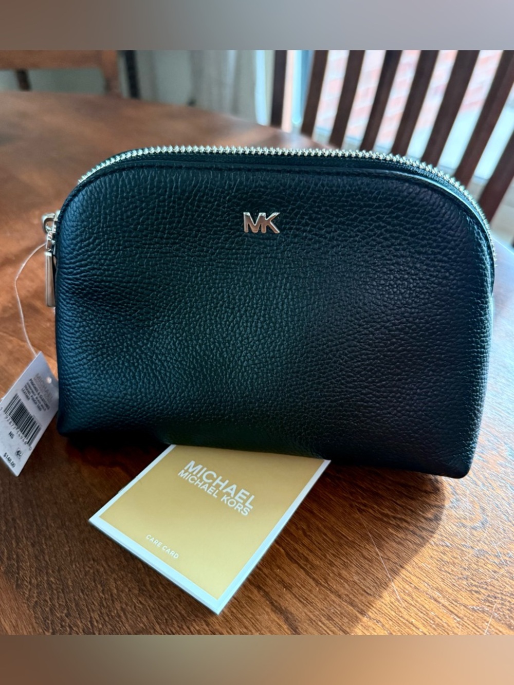 NEW Michael Kors Zippered Leather Pouch in Black with Silver Zipper